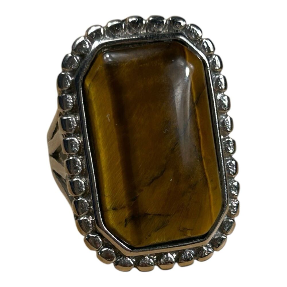 Tiger's Eye Octagon Cabochon Statement Ring Silver-Tone Beaded Frame Size 8